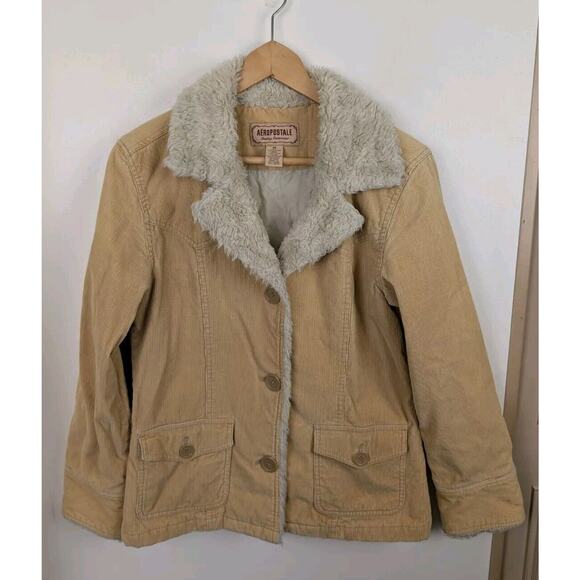 Aeropostale Medium M Corduroy Coat Jacket Button Beige Tan Faux Fur Y2k (1) - Picture 1 of 10